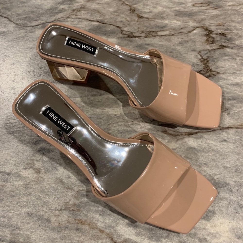 Nine West Women's Nude Patent Block Heel Mules